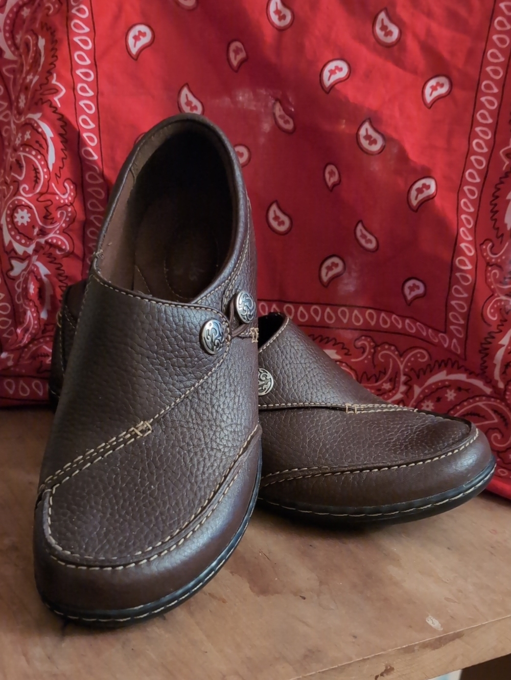 Clarks Brown Leather Slip-On Flats with Button Detail